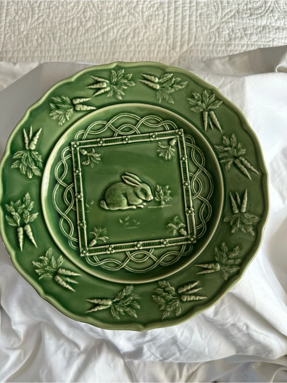 Bordallo Pinheiro Rabbit Plate Portugal | Green Majolica Bunny & Carrots 9.25”